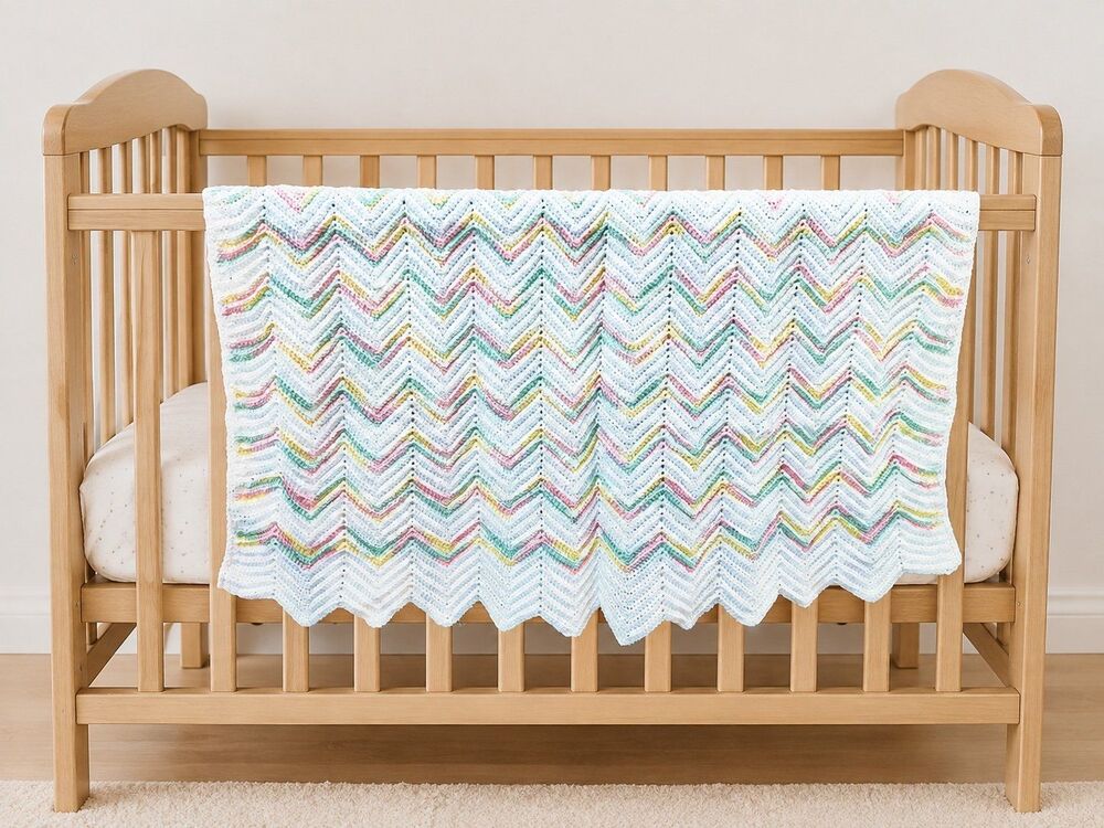 Crochet Baby Blanket White Pink Blue Rainbow Handmade Chevron Boho Hippie MCM